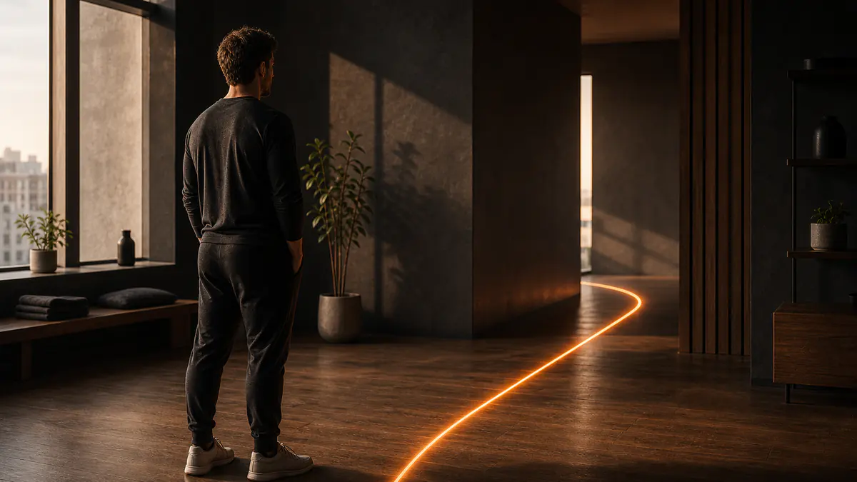 Person standing beside an orange direction path in a calm studio
